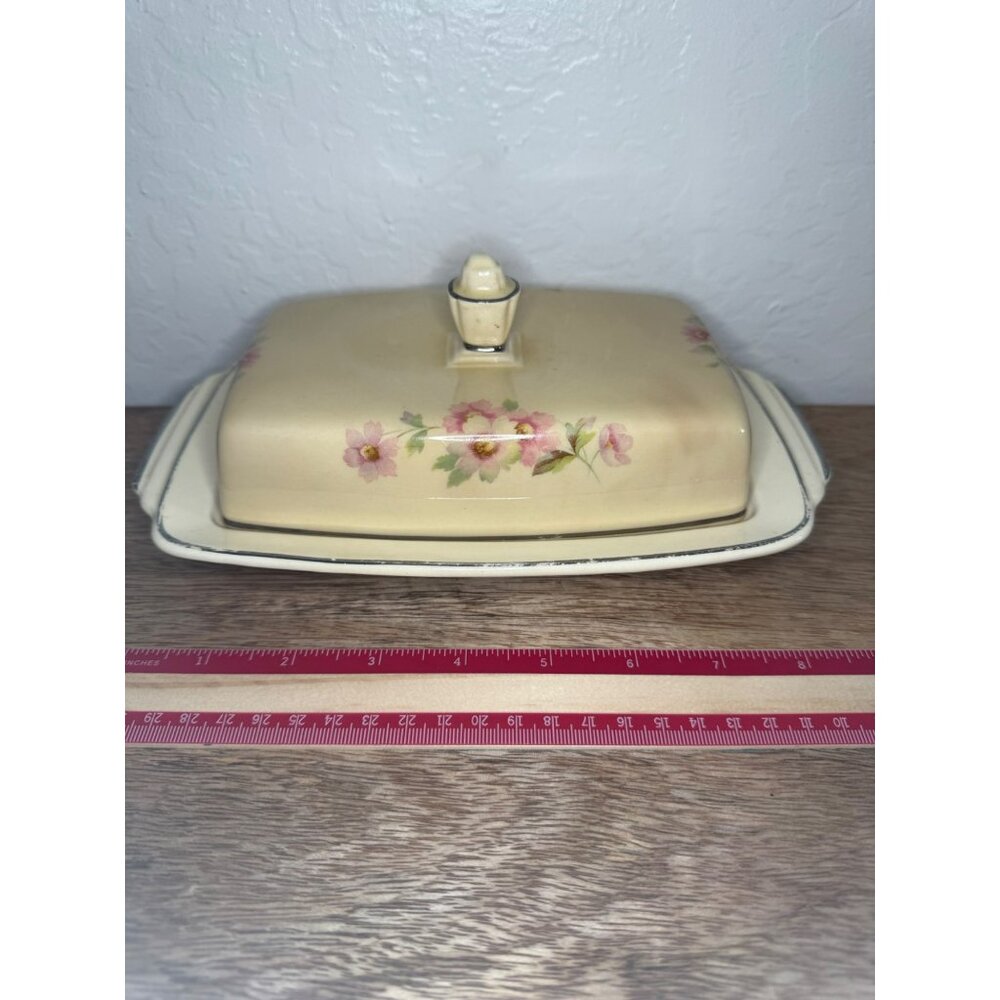 Vintage Homer Laughlin Floral Butter Dish Circa 1940 Ceramic Beige & Pink Design